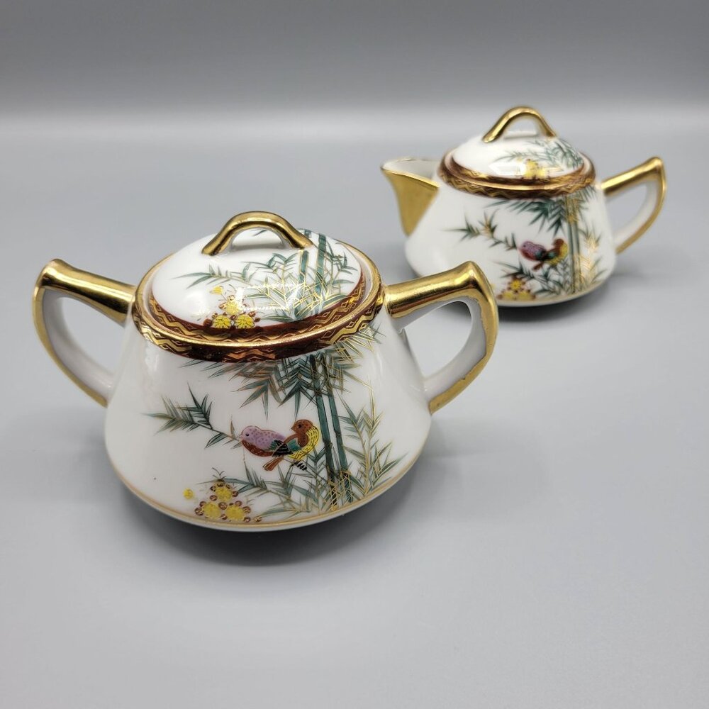 Vtg Japanese Kutani Eggshell Porcelain Creamer & Sugar Bowl Set Birds Bamboo